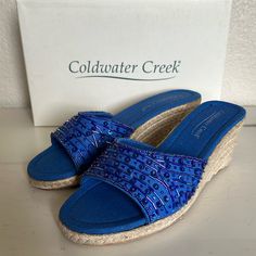 Coldwater Creek Blue Beaded Espadrilles, New, Will Ship In Original Box. Size 7. Blue Textured Sole Slip-ons For Summer, Blue Textured Footbed Slip-on Sandals, Blue Leather Slip-on Espadrilles, Comfortable Blue Slip-on Espadrilles, Red Espadrilles, Luxury Blue Slip-on Loafers, Pink Slides, Summer Wedges, Slip On Espadrilles