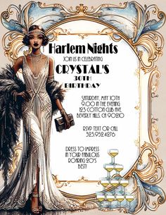 an art deco style party flyer with a woman in a flapper and gats