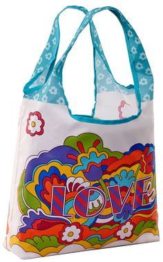 a white bag with blue handles and colorful designs on the front, featuring an i love you sign