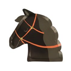 a black horse head with an orange bridle