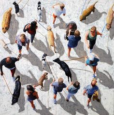 an aerial view of people walking their dogs