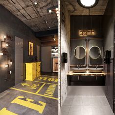 the bathroom has two sinks and mirrors on the wall, along with a yellow cabinet