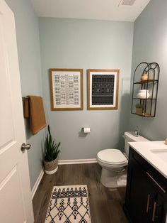 a white toilet sitting next to a bathroom sink under two framed pictures on the wall