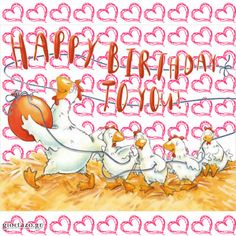 a happy birthday card with ducks and hearts