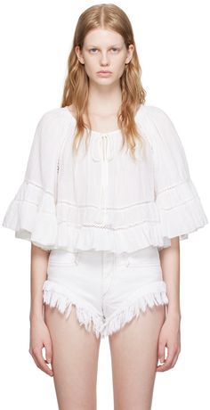 Cotton- and linen-blend seersucker blouse. Ruffles and lace detailing throughout. · Self-tie fastening at scoop neck · Keyhole at front Supplier color: White Etoile Isabel Marant, Isabel Marant Etoile, Woven Top, White Brand, Cotton Blouses, Relaxed Style, Curator Style, Online Shopping Clothes, Accessories For Women