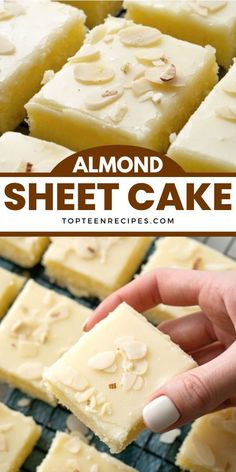 almond sheet cake on a cooling rack with text overlay