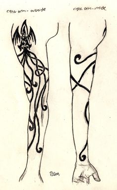 two drawings of legs with different designs on the leg and one is drawn in black ink