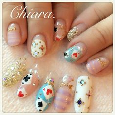 Alice Nails, Theme Quinceanera, Japan Nail Art, Wonderland Nails, Nails Disney, Japan Nail, Disney Inspired Nails, Disney Nail, Romantic Nails