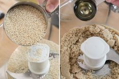 two pictures showing how to make sesame seeds in a food processor