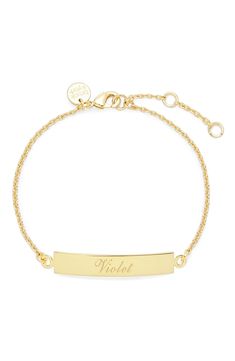 Timeless monogram etching makes this elegant, American-made bar bracelet a meaningful gift. 6" length; 1" extender Lobster clasp closure 14k-gold plate Made in the USA Name Plate Bracelet Gold, Classic Gold Name Bracelet With Engraving Option, Classic Adjustable Gold Bracelet With Name, Elegant Adjustable Name Bracelet With Engraving Option, Gold Signature Style Adjustable Bracelets, Classic Adjustable Gold Bracelet With Name Detail, Elegant Nameplate Bracelet With Engraving Option, Elegant Everyday Nameplate Bracelet, Adjustable Gold Bracelet With Engraving Option