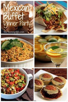 mexican buffet dinner party flyer with pictures of different dishes and desserts on it's side