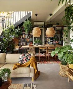 a living room filled with lots of plants and furniture