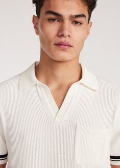 Striped Trim Textured Knit Polo Off White – Calibre Menswear Spring Polo Sweater In Pointelle Knit, Casual Pointelle Knit Polo Sweater, White Knit Polo Sweater With Ribbed Collar, Beige Textured Knit Polo Sweater, Classic White Knit Polo Sweater, White Textured Knit Casual Polo Sweater, Casual White Textured Knit Polo Sweater, Casual Cream Knit Polo Sweater, Classic Cream Knit Top