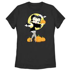 Boop-oop-a-doop! Celebrate Halloween in old-school style with the iconic 1930s animated character Betty Boop and this fun new officially licensed timeless apparel for the whole family! This Women's Betty Boop Halloween Pumpkins Graphic T-Shirt features Betty Boop as a sassy vampire holding a pumpkin with a full moon and bats in the background. Add a classic touch to your style and create some memories with America's first bombshell this Halloween! Retro Halloween T-shirt With Character Print, Betty Boop Halloween, Graphic Tee Design, Animated Characters, School Fashion, A Pumpkin, Spirit Halloween, Betty Boop, Graphic Tees Women