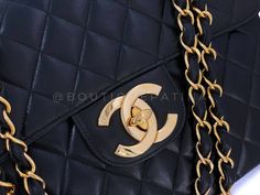 Vintage classic Chanel bags are known for their petal-soft lambskin, 24k gold plated hardware and sturdy craftsmanship. Increasingly harder and harder to find, especially in excellent condition. Boldly Chanel with the oversized CC's and chunky double woven chain in 24k gold plated hardware. Quilted front and back panels and back pocket; interior features two side pockets. This is the model with the oversized hardware - beefier chain, oversized turnlock and all four circular grommets on the top are the "screw-on" kind, not the thin glued-on grommets of the newer flaps. A stunning head-turner of a bag which will never go out of style. In Black lambskin leather and 24k gold plated hardware. Boutique Patina specializes in sourcing and curating the best condition vintage Chanel leather treasure Timeless Gold Bags With Gold-tone Logo Plaque, Gold Shoulder Bag With Cc Turnlock For Evening, Gold Shoulder Bag With Cc Turnlock Closure For Evening, Designer Gold Shoulder Bag With Cc Turnlock Closure, Gold Bag With Cc Turnlock For Everyday Luxury, Classic Chanel, Classic Flap Bag, Woven Chain, Celine Bags