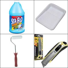 there are four different items that can be found in this photo, including toothbrushes, glue, and mouthwash