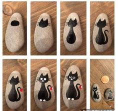 several pictures of cats painted on rocks with one cat sitting on it's back