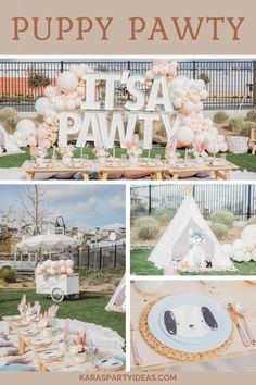 this is a collage of photos with the words puppy pawty and balloons on it