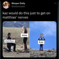 two people sitting on top of a hill holding signs that read kaz would do this just to get on martha's neves