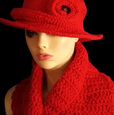 All Acrylic No Wool. Newly Crafted, Unique. Very Fashion Forward Red Crochet Wide Brim Hat, Red Wide Brim Crochet Hat, Red Brimmed Crochet Hat Made Of Yarn, Red Brimmed Crochet Hat, Red Knitted Brimmed Hat, Fitted Red Knitted Hat, Crochet Hat And Scarf Set, Crochet Hat And Scarf, Designer Crochet