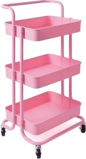 three tiered pink plastic cart with wheels and handles on each side, holding two trays