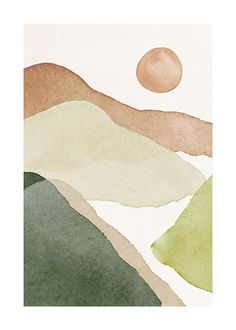 a watercolor painting with mountains in the background and a red sun on top of it