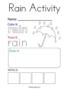 the rain activity worksheet for kids to practice their handwriting and coloring skills