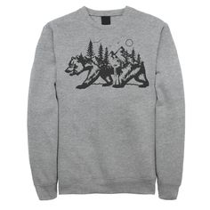 Get comfy and cozy in this juniors' fleece sweatshirt featuring a cool design depicting a bear and a mountain landscape. In athletic heather. Get comfy and cozy in this juniors' fleece sweatshirt featuring a cool design depicting a bear and a mountain landscape. In athletic heather. Crewneck Long sleevesFABRIC & CARE Cotton, polyester Imported Size: Small. Color: Grey. Gender: female. Age Group: kids. Pattern: Graphic. Material: Polyester|Cotton. Bear Landscape, California Bear, Graphic Material, Kids Pattern, Purse Patterns, Fleece Sweatshirt, Pattern Graphic, Cool Design, Mountain Landscape