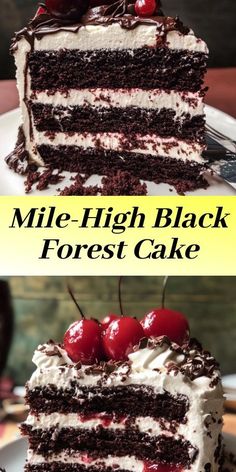 two pictures of a cake with white frosting and cherries on top, one is black forest cake