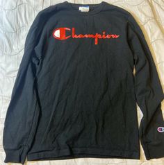 Champion Shirt Size Small S Black Red Tee Long Sleeve Spell Out Adult Mens Top. Cotton Long Sleeve Shirt With Logo Print, Red Long Sleeve Shirt For Streetwear, Red Crew Neck Shirt For College, Red Long Sleeve Top With Text Print, Long Sleeve Shirt With Text Print For Streetwear, Text Print Long Sleeve Shirt For Streetwear, Long Sleeve Text Print Shirt For Streetwear, Vintage Long Sleeve Top With Logo Print, Vintage Long Sleeve T-shirt With Text Print