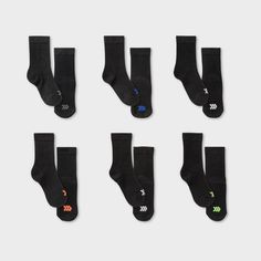 Why we?re ALL IN: Keep your child's feet dry and comfortable through any day with the moisture-wicking fabric of these crew socks. A smart design with arch support, reinforced heel and toe, and zone cushioning creates the perfect functional fit and incredible feel for any day of the week. Plus, the black color with colorful logo accents on the tops of the toes makes them easy to wear with any of their everyday ensembles. When families come together to discover the joy of staying active, All In M Interval Running, Colorful Logo, Staying Active, Boys Socks, All In Motion, Athletic Socks, Day Of The Week, No Show Socks, Smart Design