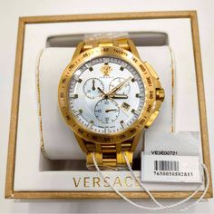 Versace Presents This Timepiece With The Functionality Of A Chronograph With Bold Versace Features And Quality Marking Of Being Swiss Made. Date Function At 4 O’clock The Popular “Medusa” Logo At 12 And The Gold Band Has A Butterfly Buckle. - Gold Case With Tachymeter - Pearl White Dial With Versace Logo - Water Resistant To 5 Atm - Three Subdials - Sapphire Crystal Glass - 22mm Band Width - 44mm Case Ships Free In Original Packaging. Authenticity Verifiable By Entering The Model Number On Versa Designer Gold Watches With Chronometer, Luxury Gold Diamond Watch With Tachymeter, Luxury Chronograph Watch With Subdials For Anniversary, Designer Yellow Gold Chronograph Watch, Designer Chronograph Watch For Formal Occasions, Designer Watches With Subdials For Anniversary, Luxury Chronograph Watch, Luxury White Chronograph Watch For Anniversary, Luxury Chronograph Watch In Yellow Gold With Metal Dial