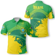 Brazil Polo Shirt Flag & Coat Of Arms Paint Style Fitted Green Shirt With Sublimation Print, Green Fitted Shirt With Sublimation Print, Fitted Yellow Tops For Sports Events, Fitted Cotton Polo Shirt With Sublimation Print, Arm Painting, Brazil Flag, Omega Psi Phi, Flag Shirt, Coat Of Arms