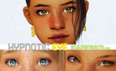 three different views of an animated woman's face with freckled hair and blue eyes