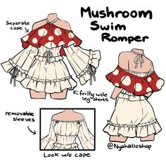 Mushroom Swimsuit Drawing, Mushroom Dress Drawing, Mushroom Outfit Drawing, Mushroom Outfit, Swim Romper, Clothing Sketches, Dress Design Drawing, Clothing Design Sketches, Drawing Anime Clothes