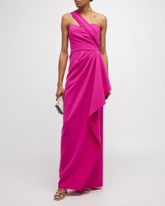 Rickie Freeman for Teri Jon asymmetric gown in draped stretch crepe. One-shoulder neckline. Sleeveless. Pleated front. Column silhouette. Floor-length hem. Center back zipper. Polyester/polyurethane. Imported. Pink Formal Gown, Asymmetric Gown, Alt Wedding, Drape Gowns, Teri Jon, Mother Of The Bride Dresses Long, Crepe Gown, One Shoulder Gown, Black Tie Dress