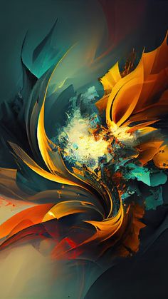 an abstract painting with orange and blue colors