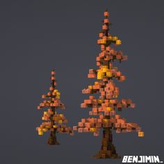 two lego trees made out of blocks in the night sky, one is yellow and the other is red