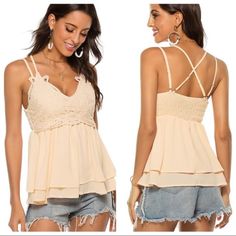 Cute Spring / Summer Lace Tank Top Size Medium Adjustable Straps Nwt Apricot Color This Very Flattering Top Could Be Worn For A Casual Summer Day With Shorts, Or Jeans, Or Can Easily Be Dressed Up! It’s Flowy, And Layered With A Scrunched Back For A Good Form Fit While Still Flaring Out Under The Bust Line Creating A Nice Silhouette. M: Bust----35.5"-37.5", Length----25.9" Tags: Women's V Neck Lace Strappy Cami Tank Tops Casual Cute Lace Tops New With Tags Camisole Beach Party Peach Cream Tan Li Feminine Apricot Sleeveless Top, Apricot Sleeveless Feminine Top, Feminine Sleeveless Apricot Top, Chic Apricot Summer Tops, Peach Cami Top For Summer, Apricot Sleeveless Beach Tops, Summer Apricot Tops For Vacation, Apricot Summer Tops For Vacation, Feminine Apricot Summer Tops