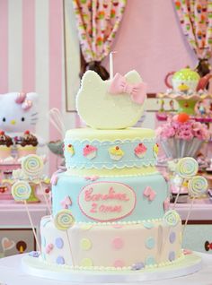 a hello kitty themed birthday cake on a table