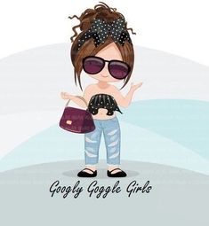 a girl wearing sunglasses and holding a purse with the words googly google girls on it