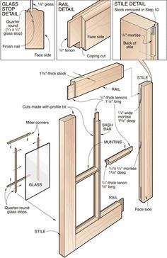 woodworking diagram showing the details for an exterior window frame and door with glass inserts