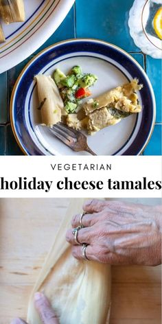 two pictures with different types of food on them and the words vegetarian holiday cheese tamales