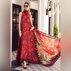 Brand New From Maria B -Printed Cambric Shirt Printed Cambric Trouser Printed Chiffon Dupatta Embroidered Patches Medium Size - Chest 42”, Length Of Shirt 44” And Length Of Trouser 38 .5” Luxury Long Kurta In Chanderi, Luxury Red Lawn Suit For Formal Occasions, Pakistani Digital Print Suits, Red Lawn Suit With Printed Motifs For Formal Occasions, Formal Red Lawn Suit With Printed Motifs, Red Formal Lawn Suit With Printed Motifs, Winter Long Sleeve Salwar Kameez With Printed Motifs, Velvet Designer Suits, Latest Pakistani Fashion