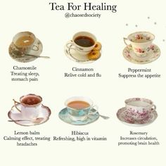 tea for healing with different types of cups and saucers