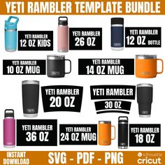 the yeti rambler template bundle includes two mugs, one water bottle and three smaller