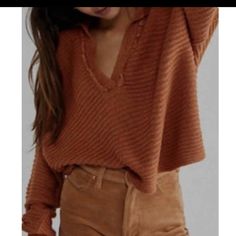 Free People Marlie Pullover Sweater Orange Size Extra Small Brand New With Tags **Highly Motivated To Sell, Send Offers** Ribbed V-neck Top For Fall, Trendy Brown Long Sleeve Top For Fall, Casual Ribbed V-neck Long Sleeve Top, Brown Long Sleeve Trendy Knit Top, Brown Long Sleeve Waffle Knit Tops, Brown Waffle Knit Long Sleeve Top, Trendy Brown Long Sleeve Knit Top, Casual Waffle Knit Top For Fall, Relaxed Fit Waffle Knit Tops For Fall