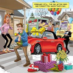 a cartoon car is parked in front of a house with presents on the steps and people standing around it