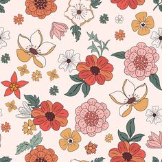 an image of flowers and leaves on a white background with orange, pink, yellow and red colors