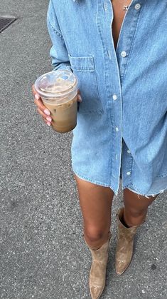 ootd, denim on denim, canadian tuxedo, cowboy boots, country aesthetic, country outfit, denim shorts, denim shirt, coffee aesthetic, fall outfit, fall ootd, ootd, country ootd, boot barn, suede boots, coffee run Nashville T Shirt Outfit, Coffee Aesthetic Fall, Country Concert Outfit Winter, Denim On Denim Outfit, Summer Cowgirl, Ootd Denim, Country Summer Outfits, Aesthetic Fall Outfit, Aesthetic Country